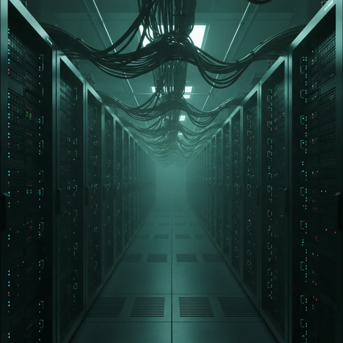 Endless rows of glowing server racks inside the nexus mainframe