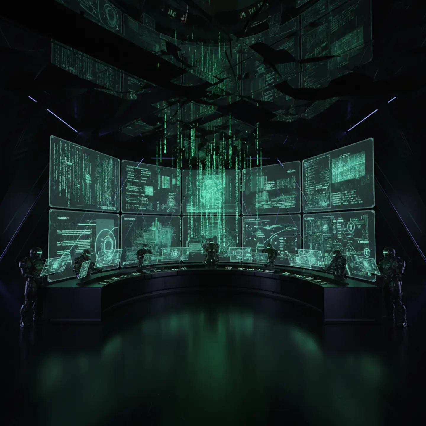 Cybernetic hacking command center with glowing emerald data streams